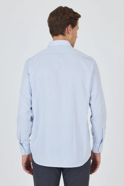 Beyaz-Mavi Uzun Kol Çizgili Desen Bez Ayağı Sert Yaka cepli Pamuklu Classic Comfort Fit Gömlek 1004250179 - Resim 5