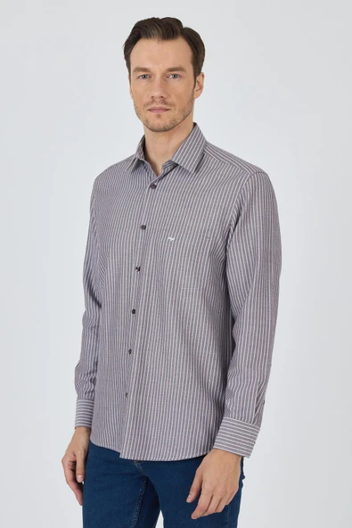 Uzun Kol Çizgili Desen Armürlü Sert Yaka cepli Pamuklu Classic Comfort Fit Gömlek 1004250173 - Resim 3