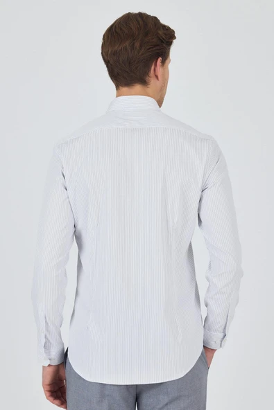 Uzun Kol Çizgili Desen Bez Ayağı İtalyan Yaka Cepsiz Esnek Classic Slim Fit Gömlek 1004250202 - Resim 5