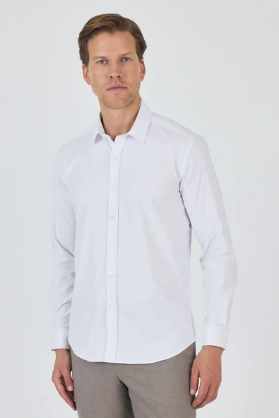 Uzun Kol Düz Bez Ayağı Sert Yaka Cepsiz Pamuklu Classic Slim Fit Gömlek 1004250195