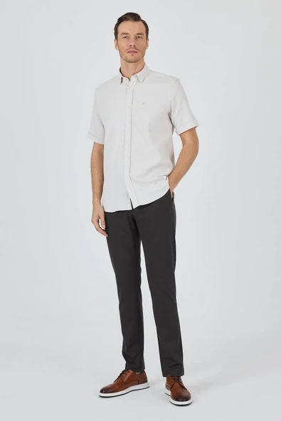 Krem Biritli Yaka Düz Casual Pamuklu Comfort Fit Gömlek 1004250221 - 2