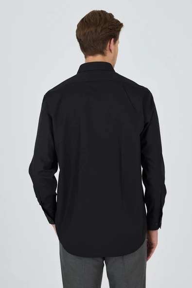 Siyah Klasik Yaka Uzun Kol Cepsiz Comfort Fit Classic Pamuklu Gömlek Gömlek 1004250287 - Resim 5