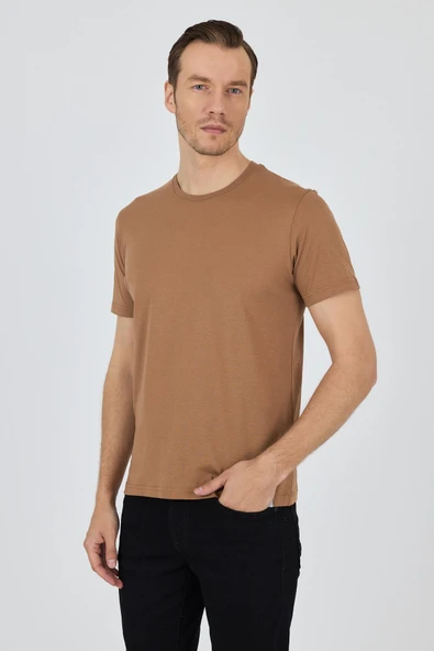 Sütlü Kahverengi Kısa Kol Bisiklet Yaka Cepsiz Pamuk Casual Slim Fit Tişört 1011250158 - Resim 3