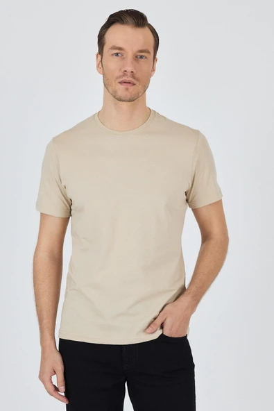 Bej Kısa Kol Bisiklet Yaka Cepsiz Pamuk Casual Slim Fit Tişört 1011250158 - Resim 2