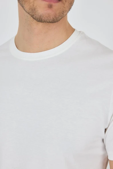 Açık Krem Kısa Kol Bisiklet Yaka Cepsiz Pamuk Casual Slim Fit Tişört 1011250158 - Resim 4