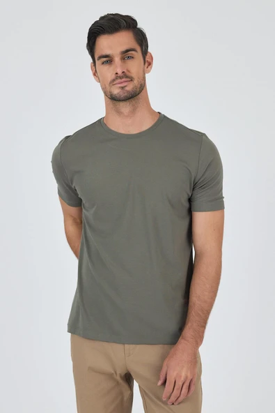 Koyu Haki Kısa Kol Bisiklet Yaka Cepsiz Pamuklu Casual Slim Fit Tişört 1011250165 - Resim 3