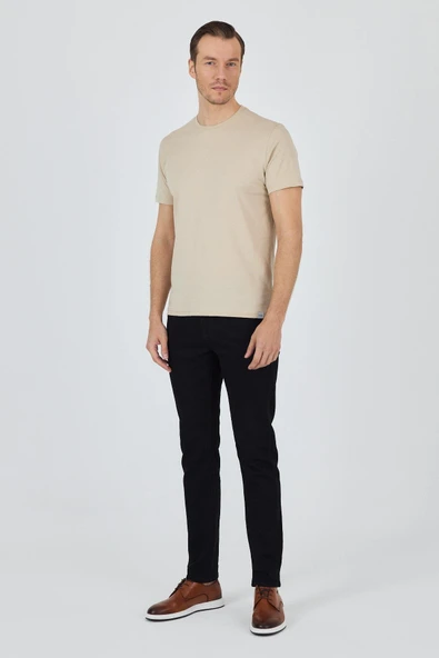 Bej Kısa Kol Bisiklet Yaka Cepsiz Pamuk Casual Slim Fit Tişört 1011250158 - Resim 3