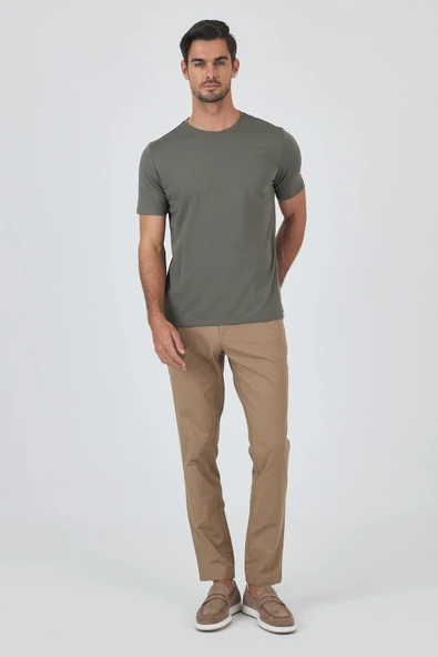 Koyu Haki Kısa Kol Bisiklet Yaka Cepsiz Pamuklu Casual Slim Fit Tişört 1011250165 - Resim 2