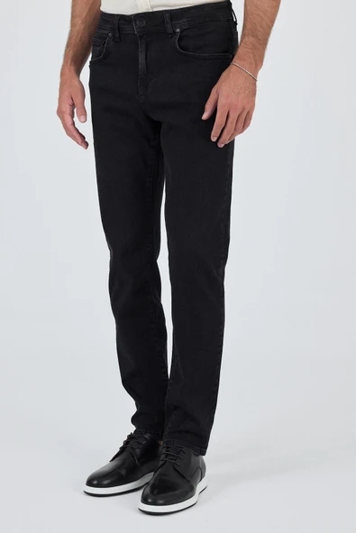 Siyah Gabardin 5 Cep Düz Paça Casual Slim Fit Pamuklu Denim Pantolon 1023250151 - 2