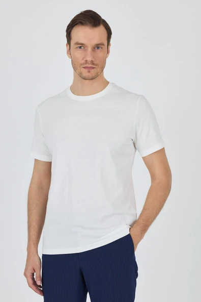 Açık Krem Kısa Kol Bisiklet Yaka Cepsiz Pamuk Casual Slim Fit Tişört 1011250158 - Resim 3