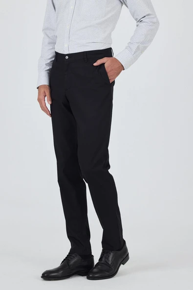 Siyah Gabardin Yan Cep Düz Paça Comfort Fit Pamuklu Casual Chino Pantolon 1003250121 - Resim 4