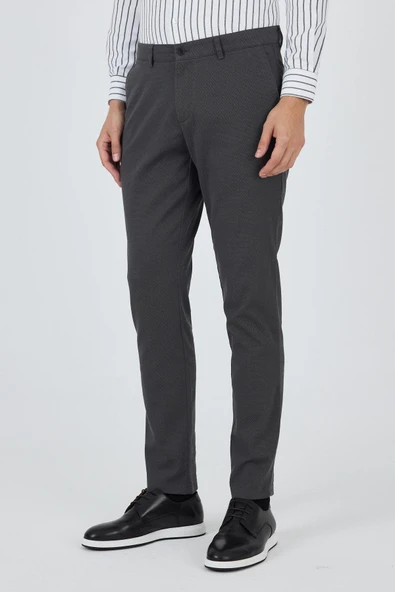 Koyu Antrasit Desenli Armürlü Yan Cep Düz Paça Comfort Fit Pamuklu Casual Chino Pantolon 1003250122 - Resim 3