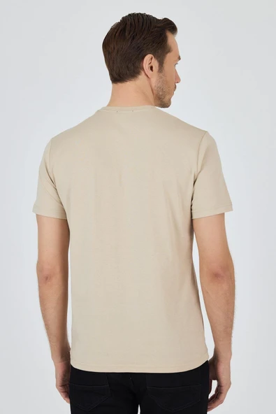 Bej Kısa Kol Bisiklet Yaka Cepsiz Pamuk Casual Slim Fit Tişört 1011250158 - Resim 5