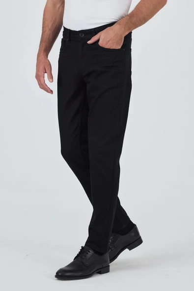 Siyah Gabardin 5 Cep Düz Paça Casual Slim Fit Pamuklu Denim Pantolon - 3