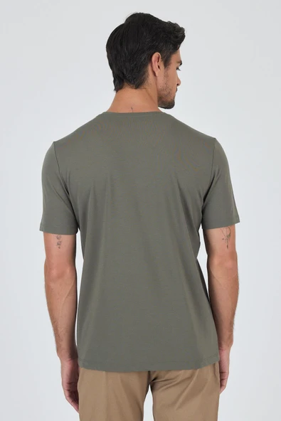 Koyu Haki Kısa Kol Bisiklet Yaka Cepsiz Pamuklu Casual Slim Fit Tişört 1011250165 - Resim 5