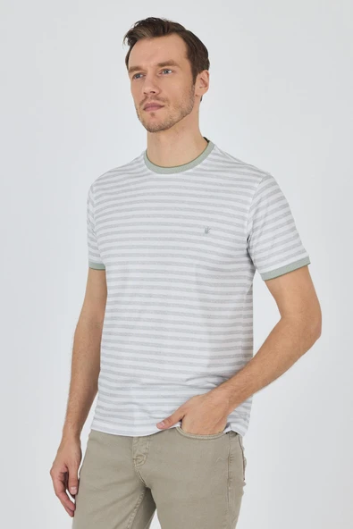 Kısa Kol Çizgili Desen Suprem Bisiklet Yaka Cepsiz Slim Fit Tişört 1011250106 - Resim 3