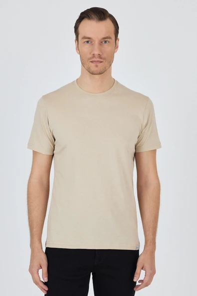 Bej Kısa Kol Bisiklet Yaka Cepsiz Pamuk Casual Slim Fit Tişört 1011250158