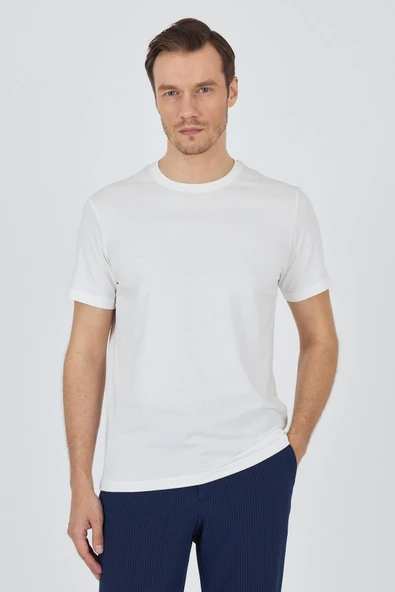 Açık Krem Kısa Kol Bisiklet Yaka Cepsiz Pamuk Casual Slim Fit Tişört 1011250158 ürün görseli