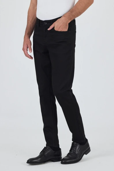 Siyah Gabardin 5 Cep Düz Paça Casual Slim Fit Pamuklu Denim Pantolon - 2