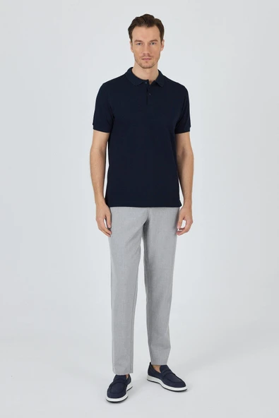 Koyu Lacivert Polo Yaka Kısa Kol Cepsiz Slim Fit Classic Pamuklu Tişört 1011250177 - Resim 2