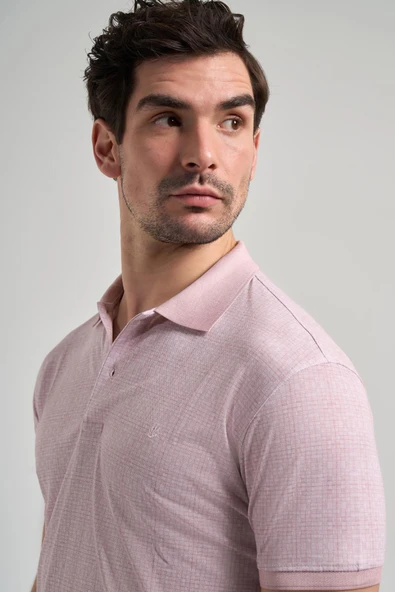 Pembe Kısa Kol Baskılı Pike Polo Yaka Cepsiz esnek Casual Slim Fit Tişört 1011250150 - Resim 4