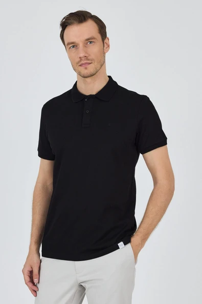 Siyah Kısa Kol Düz Pike Polo Yaka Cepsiz Pamuk Casual Slim Fit Tişört 1011250157_001 - Resim 3