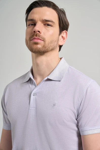 Gri Kısa Kol Baskılı Pike Polo Yaka Cepsiz esnek Casual Slim Fit Tişört 1011250151 - Resim 4