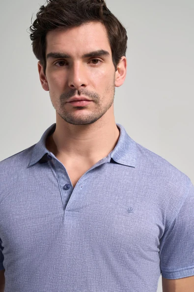 Lacivert Kısa Kol Baskılı Pike Polo Yaka Cepsiz esnek Casual Slim Fit Tişört 1011250151 - Resim 4