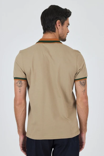 Bej Kısa Kol Düz Pike Polo Yaka Cepsiz Pamuk Casual Slim Fit Tişört 1011250103_591 - Resim 5