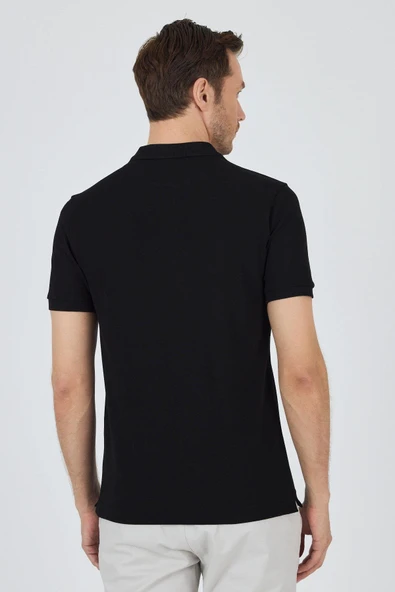 Siyah Polo Yaka Kısa Kol Cepsiz Slim Fit Classic Pamuklu Tişört 1011250177 - Resim 5