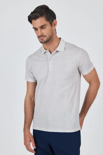 Açık Bej Kısa Kol Baskılı Pike Polo Yaka Cepsiz esnek Casual Slim Fit Tişört 1011250153 - Resim 3