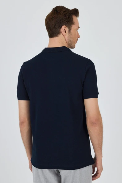 Koyu Lacivert Polo Yaka Kısa Kol Cepsiz Slim Fit Classic Pamuklu Tişört 1011250177 - Resim 5