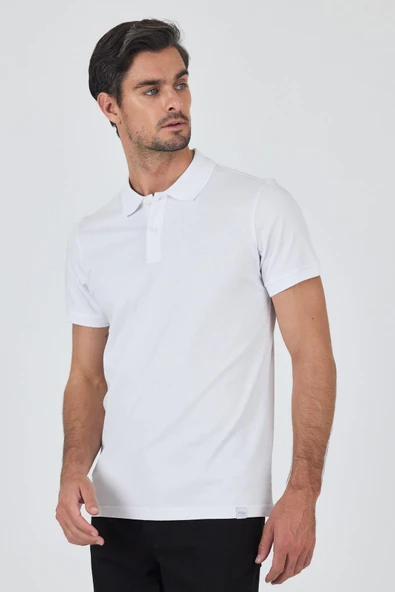 Beyaz Kısa Kol Düz Pike Polo Yaka Cepsiz Pamuk Casual Slim Fit Tişört 1011250157_600