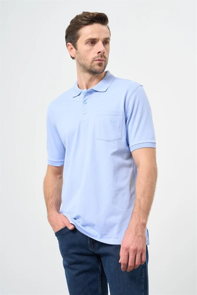 Koyu Mavi Kısa Kol Düz Pike Polo Yaka Casual Comfort Fit Tişört 1011240195 - Resim 3