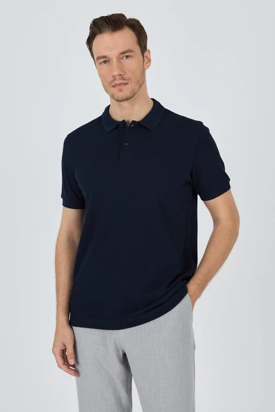 Koyu Lacivert Polo Yaka Kısa Kol Cepsiz Slim Fit Classic Pamuklu Tişört 1011250177 - Resim 3