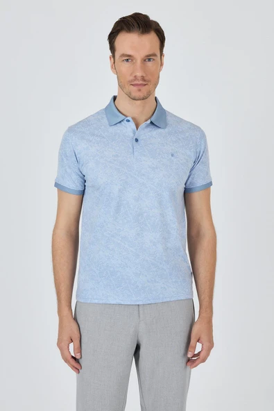 Koyu Mavi Kısa Kol Baskılı Pike Polo Yaka Cepsiz esnek Casual Slim Fit Tişört 1011250152