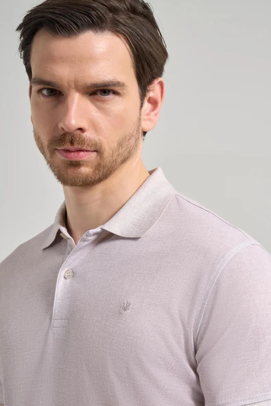 Açık Bej Kısa Kol Baskılı Pike Polo Yaka Cepsiz esnek Casual Slim Fit Tişört 1011250151 - Resim 4