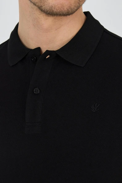 Siyah Polo Yaka Kısa Kol Cepsiz Slim Fit Classic Pamuklu Tişört 1011250177 - Resim 4