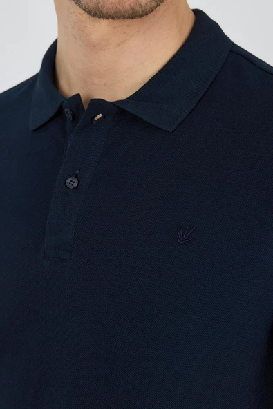 Koyu Lacivert Polo Yaka Kısa Kol Cepsiz Slim Fit Classic Pamuklu Tişört 1011250177 - Resim 4