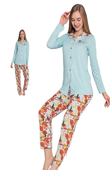 Kadın Düğmeli Uzun Kol Pijama Takımı Senfoni - 10274
