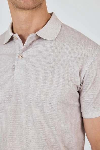 Bej Kısa Kol Baskılı Pike Polo Yaka Cepsiz esnek Casual Slim Fit Tişört 1011250153 - Resim 4