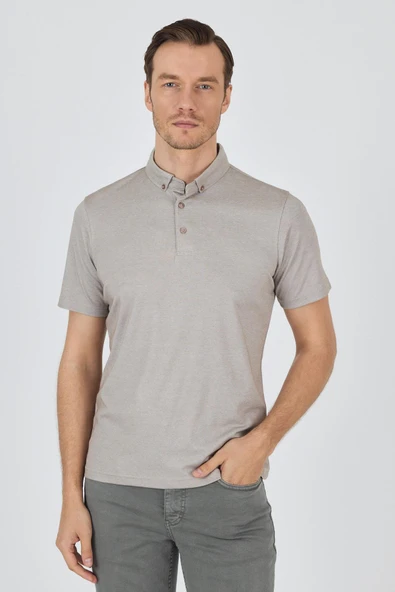 Bej Kısa Kol Düz Suprem Polo Yaka Cepsiz Pamuklu Casual Slim Fit Tişört 1011250160_605 - Resim 3