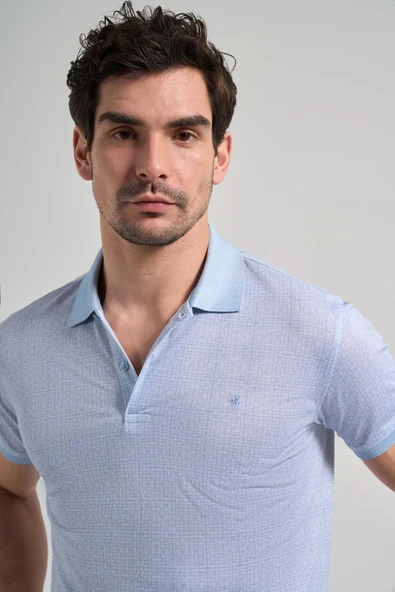 Mavi Kısa Kol Baskılı Pike Polo Yaka Cepsiz esnek Casual Slim Fit Tişört 1011250150 - Resim 4