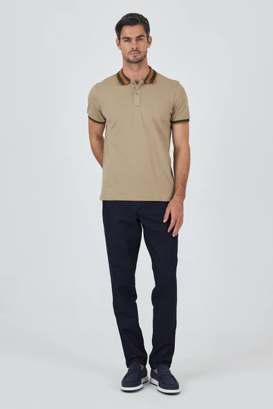 Bej Kısa Kol Düz Pike Polo Yaka Cepsiz Pamuk Casual Slim Fit Tişört 1011250103_591 - Resim 2