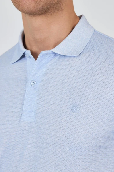 Koyu Mavi Kısa Kol Baskılı Pike Polo Yaka Cepsiz esnek Casual Slim Fit Tişört 1011250153 - Resim 4