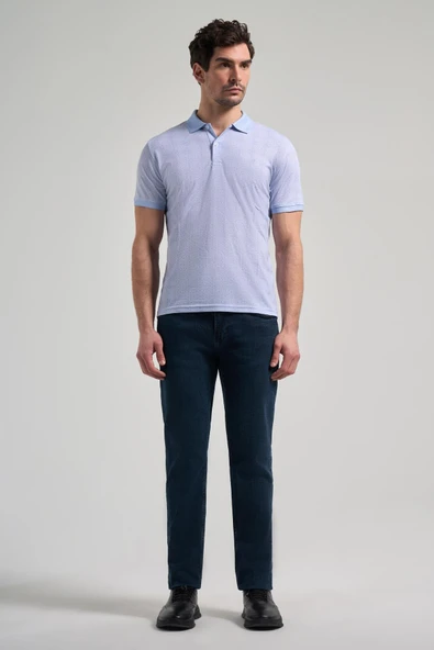 Koyu Mavi Kısa Kol Baskılı Pike Polo Yaka Cepsiz esnek Casual Slim Fit Tişört 1011250150 - Resim 2