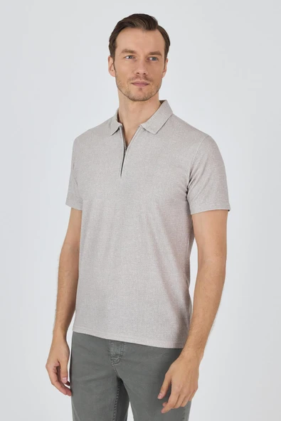 Bej Polo Yaka Kısa Kol Cepsiz Slim Fit Classic Tişört 1011250176 - Resim 3