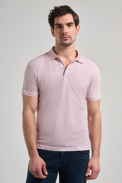 Pembe Kısa Kol Baskılı Pike Polo Yaka Cepsiz esnek Casual Slim Fit Tişört 1011250150
