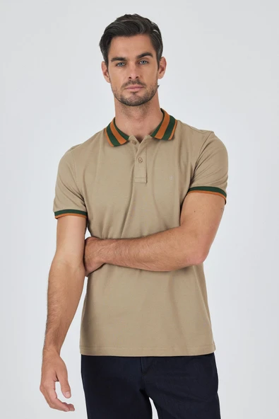 Bej Kısa Kol Düz Pike Polo Yaka Cepsiz Pamuk Casual Slim Fit Tişört 1011250103_591 - Resim 3