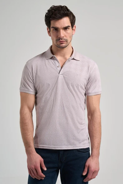 Bej Kısa Kol Baskılı Pike Polo Yaka Cepsiz esnek Casual Slim Fit Tişört 1011250150
